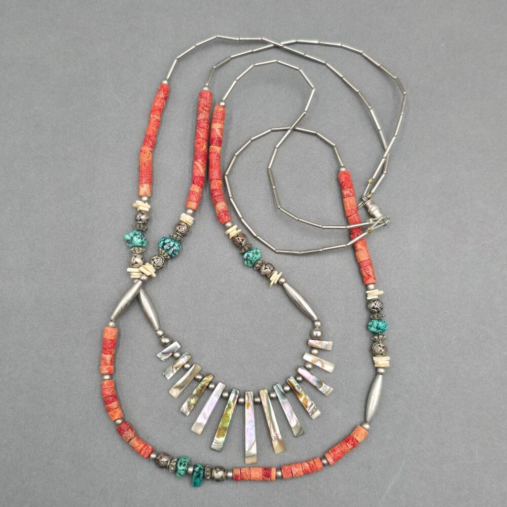 Vintage Southwestern Abalone Shell Turquoise Coral Heishi Necklace 24" Layered - Picture 13 of 13
